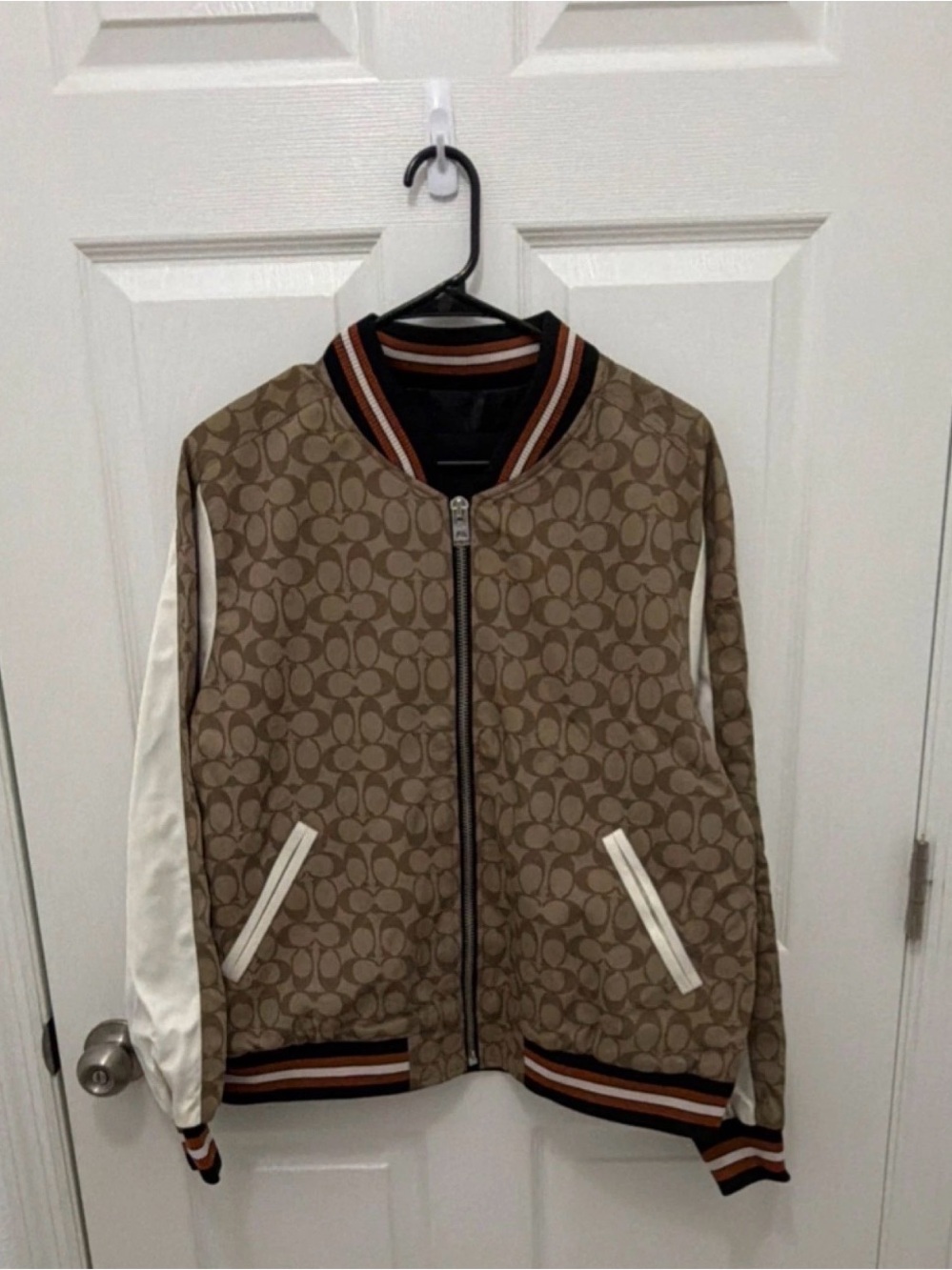 Coach Signature Bomber Jacket in Tan & Black Trim